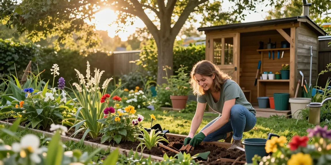 Gartenhäuser von McGarden24 in einem schönen Garten mit bunten Blumen und einem Holzschuppen.