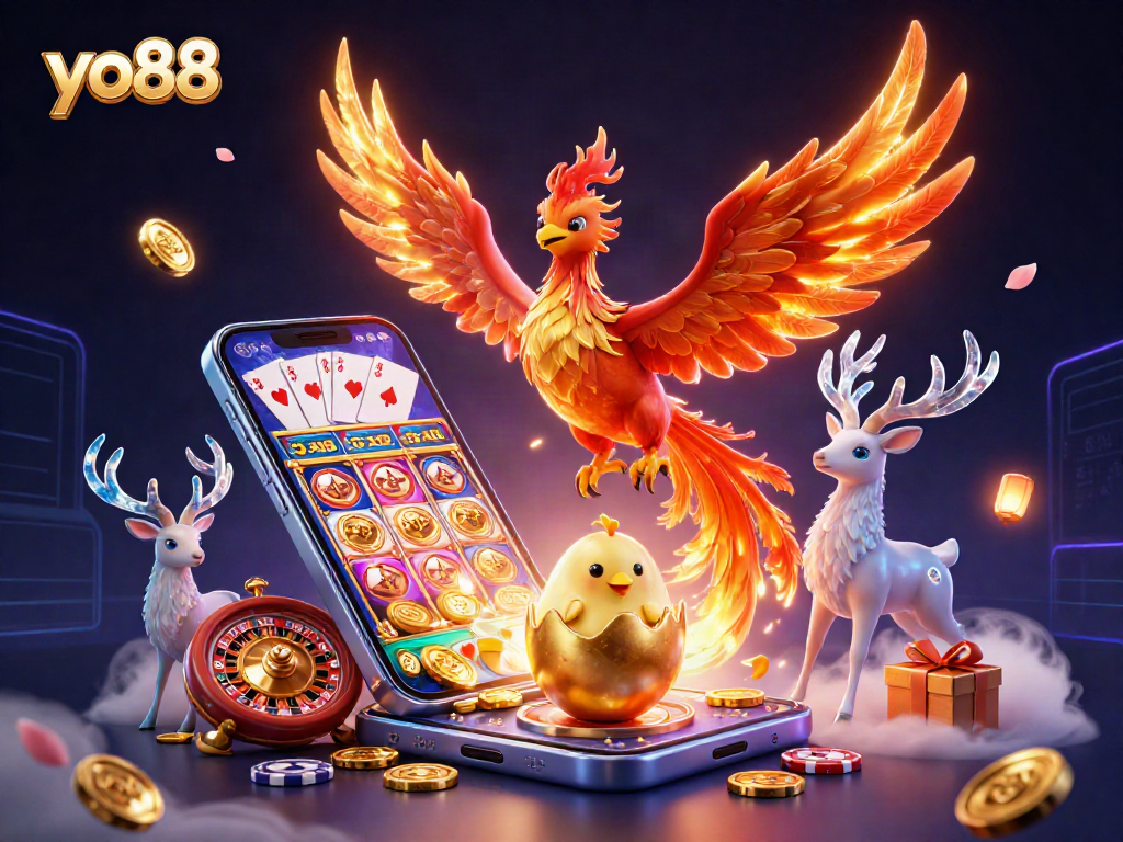 Experience thrilling wins with yo88, featuring a majestic phoenix and exciting casino elements.