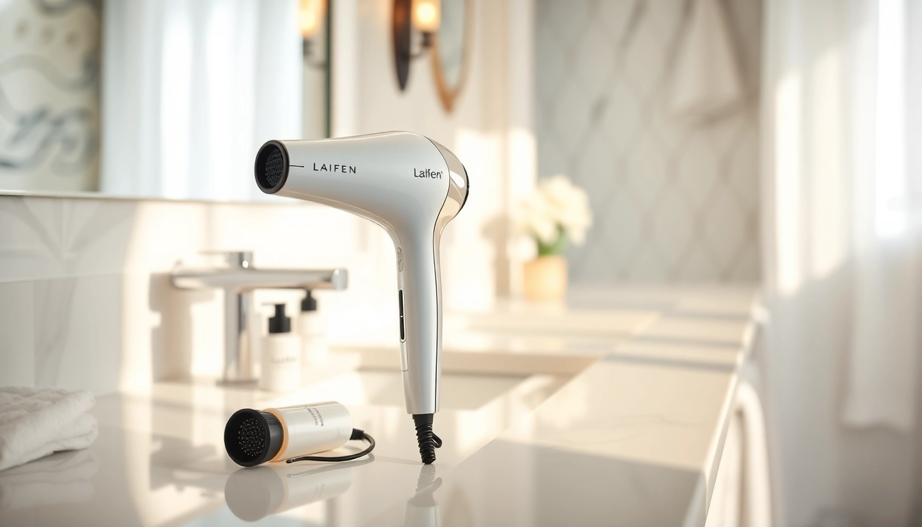 Laifen se Haartrockner auf einem eleganten Badezimmer-Vanity mit luxuriösem Licht.