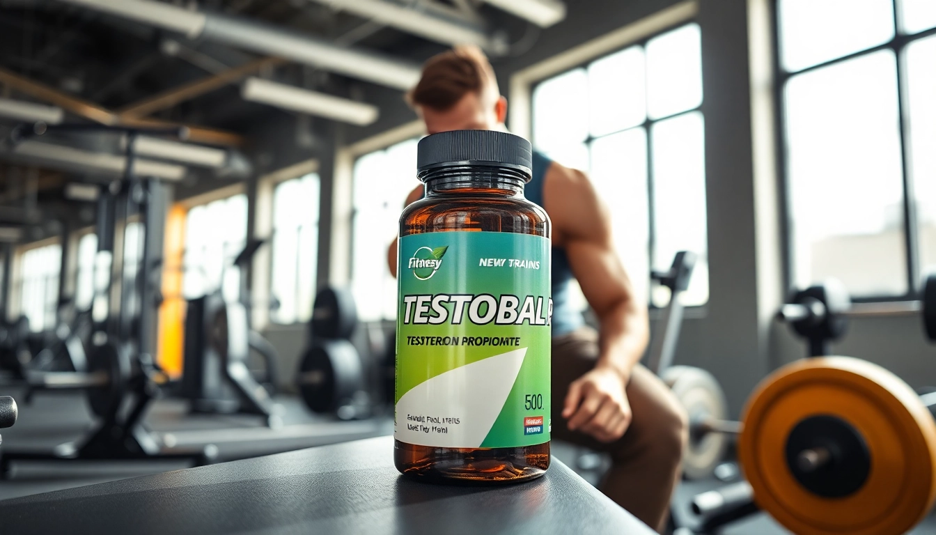 Testobal-P Testosteron Propionate bottle displayed in a vibrant gym environment.