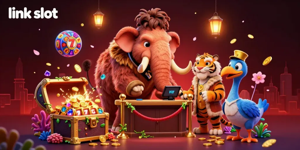 Experience the excitement of link slot with a vibrant casino scene featuring unique animal characters.
