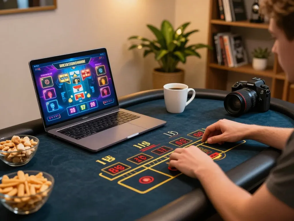 Engaging view of a player at Nhà cái F168 online gaming setup, emphasizing strategy with bets placed on screen.