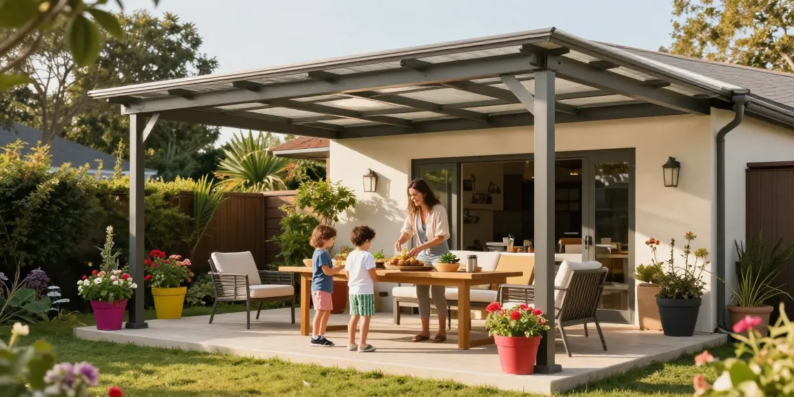 Freistehende Terrassenüberdachung im Garten mit glücklicher Familie, sonnige Atmosphäre und einladendes Design
