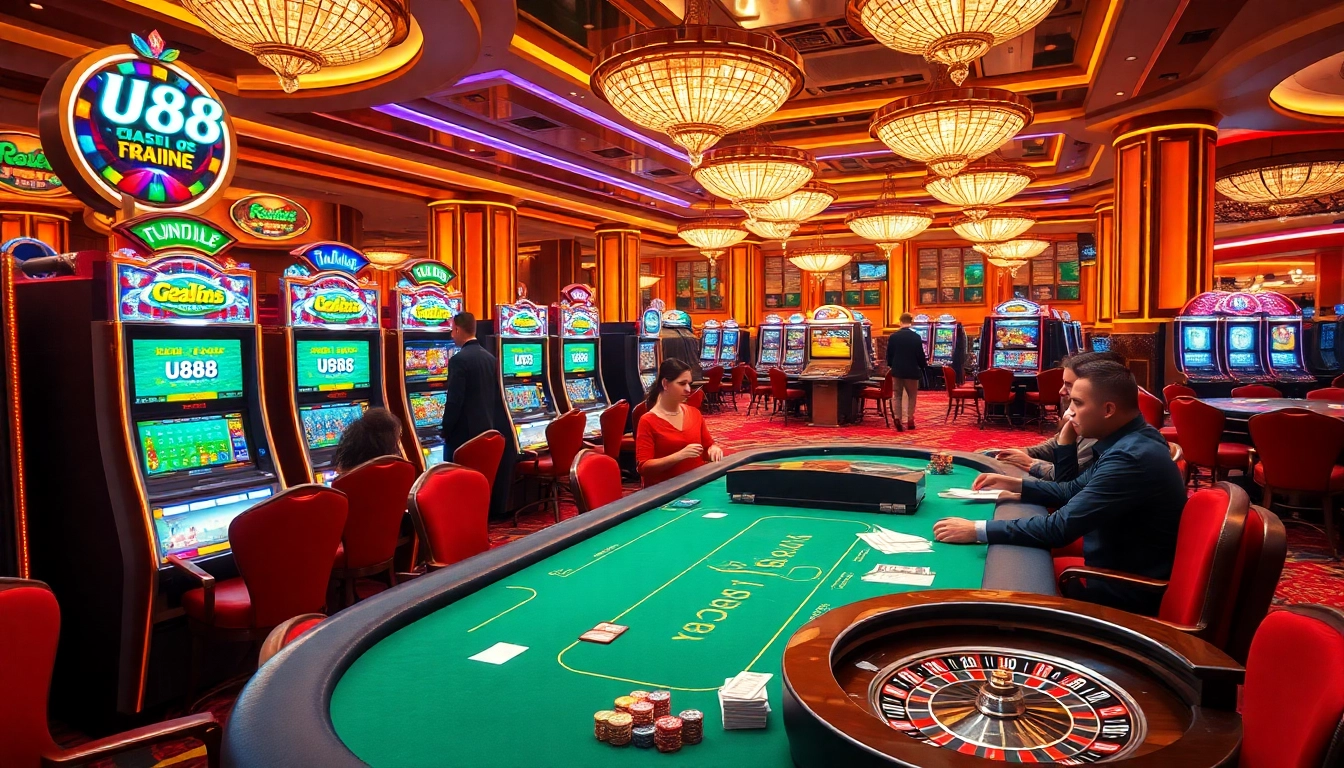 Experience the vibrant U888 trang chủ casino gaming floor with lively slot machines and poker action.