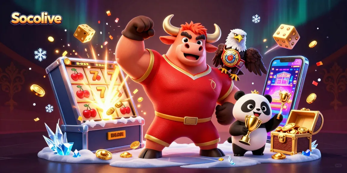 Socolive presents a winning moment in a colorful casino scene with a bull mascot, eagle, and panda celebrating.