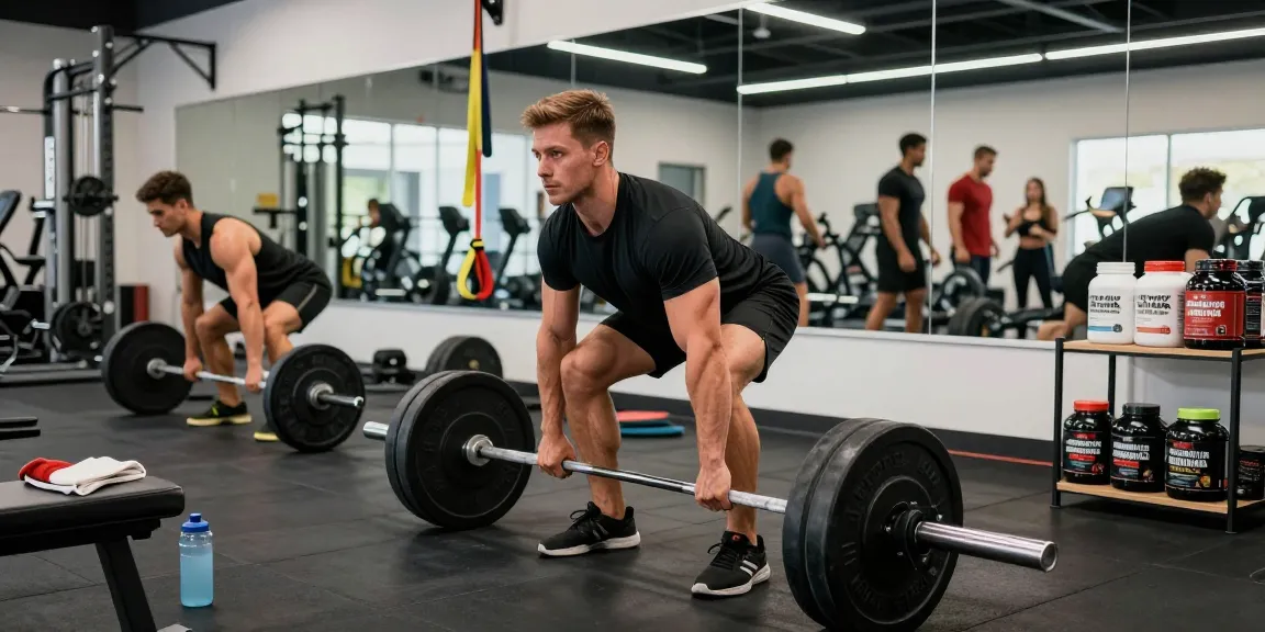 Anabolika Shop: Bodybuilder im Fitnessstudio beim Deadlift, umgeben von Gewichten und Proteinpräparaten.
