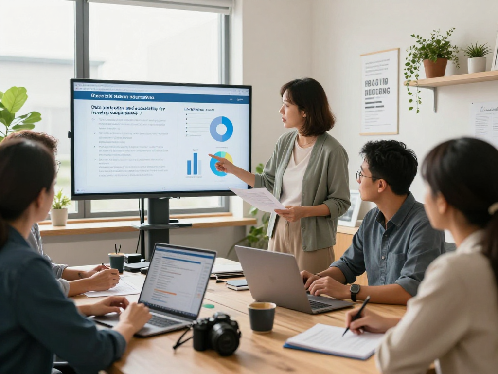 Wirtschaft und Verwaltung Wohnungsbaugenossenschaften: Beraterteam in heller Büroumgebung, das Datenschutz- und Barrierefreiheitsrichtlinien überprüft.