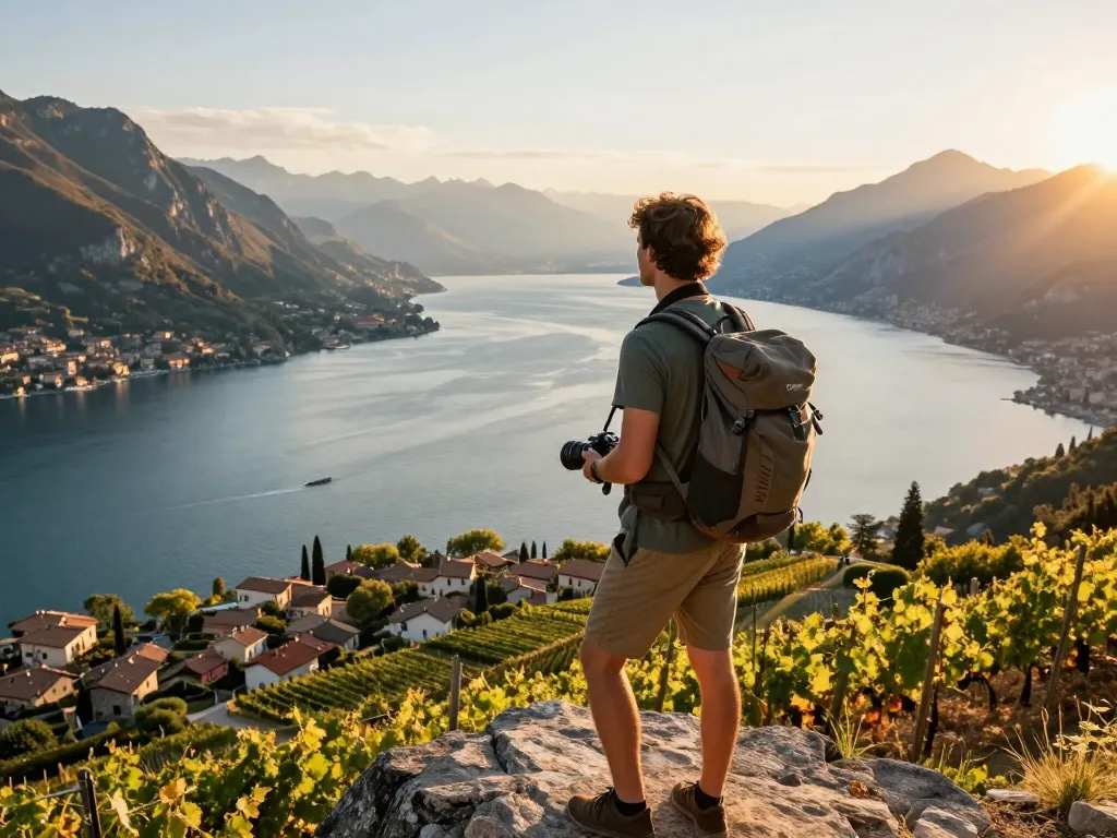 Gardasee Reisetipps: Reisender beim Sonnenuntergang am Gardasee, der atemberaubende Ausblicke einfängt.