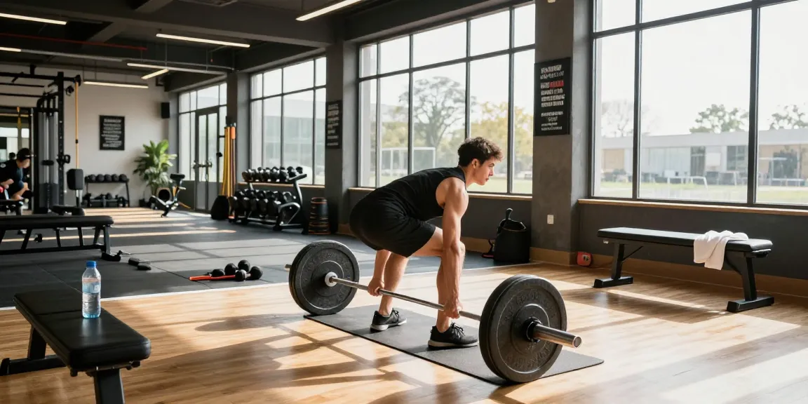 Global Pharma Steroid Shop, sportliche Person beim Deadlift-Training in modernem Fitnessstudio unter motivierender Atmosphäre.