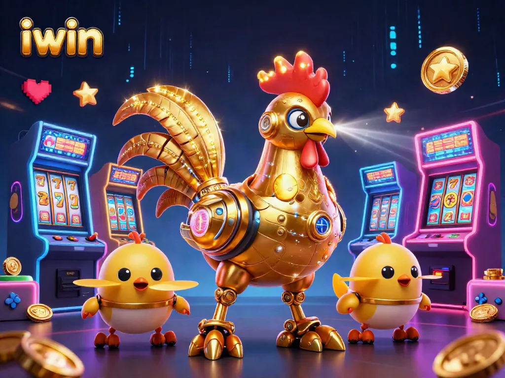 Engage with iwin's slot games featuring a golden rooster and baby chick drones surrounded by vibrant arcade elements.