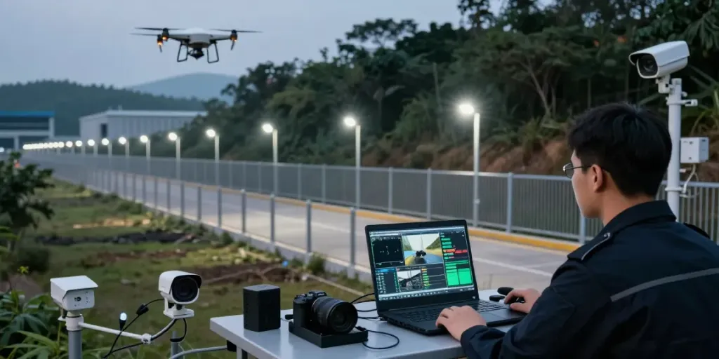 Zaunüberwachung durch modernes faseroptisches System zur Sicherheit kritischer Infrastrukturen.