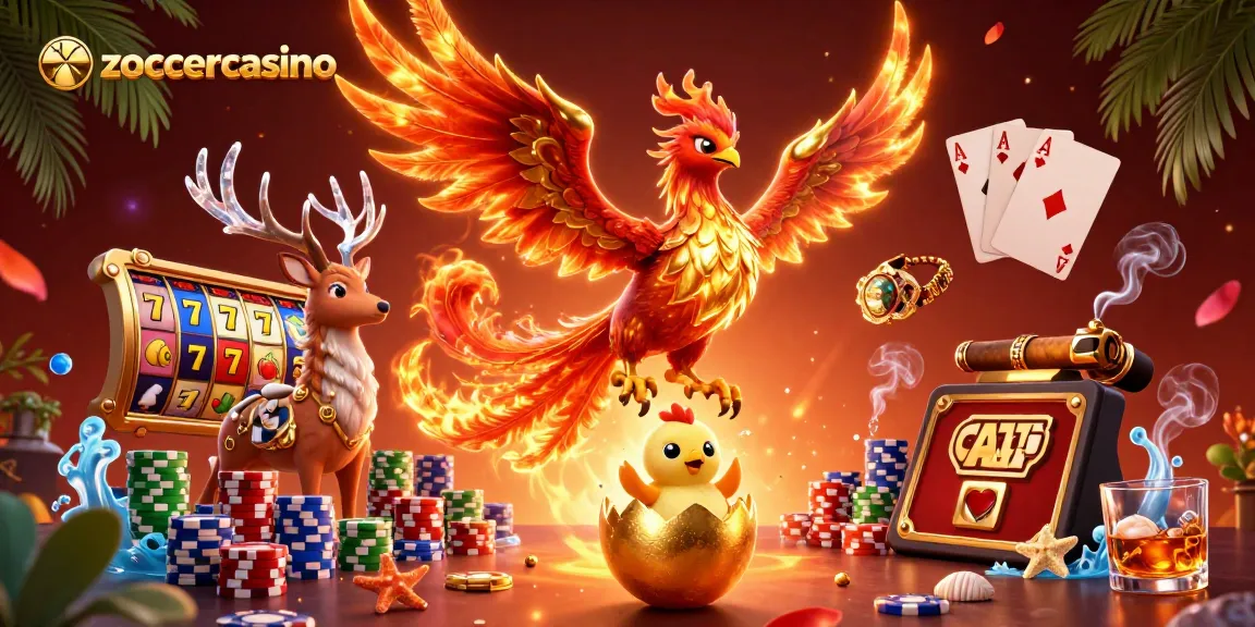 Experience the thrill at zoccercasino with a vibrant illustration featuring a phoenix soaring over casino elements.