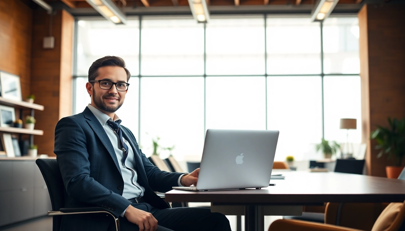 Headhunter Schweiz im modernen Büro, korrekt gekleidet, mit Laptop und energetischer Ausstrahlung.