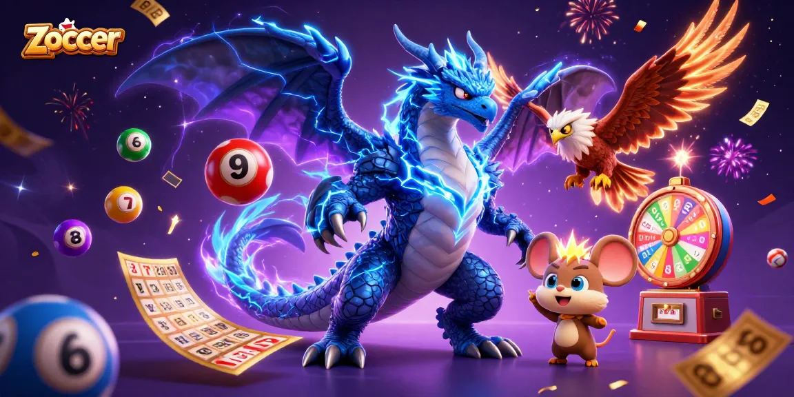 Zoccer promotes interactive fun with a vibrant scene of characters surrounded by lottery-themed elements.
