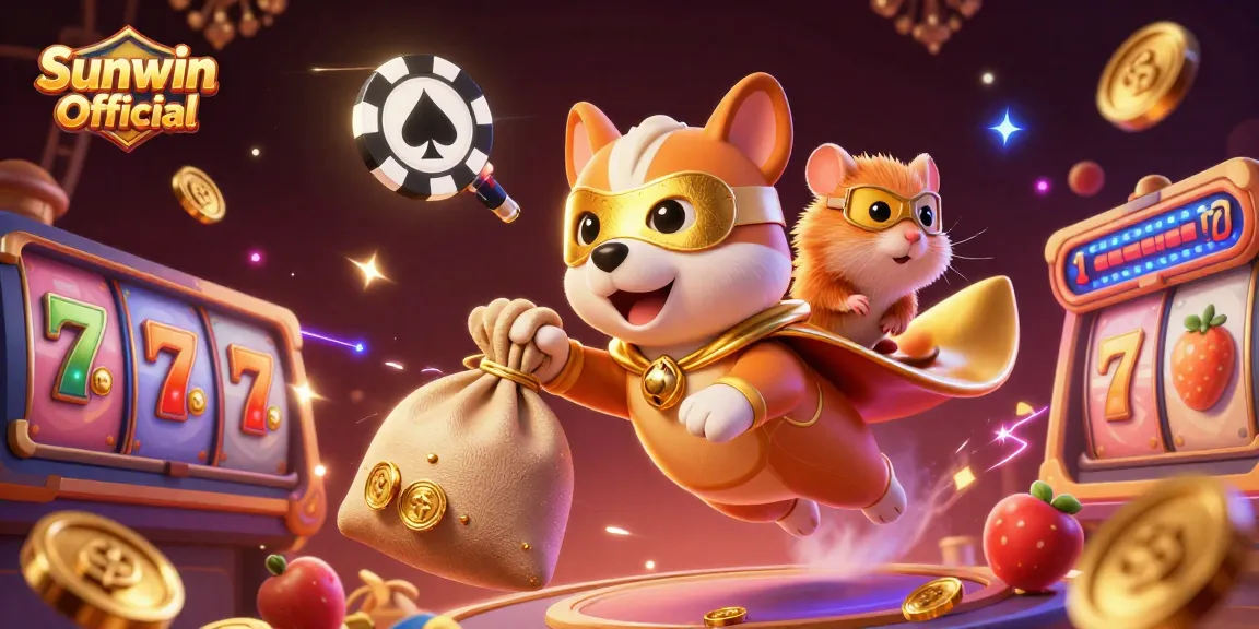 Experience exciting wins with Sunwin Official in a vibrant, animated casino scene; golden coins and slot reels shine.
