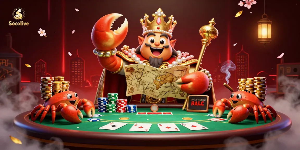 Socolive showcases an imaginary gambling scene with a golden crab emperor and hermit crabs amidst vibrant poker elements