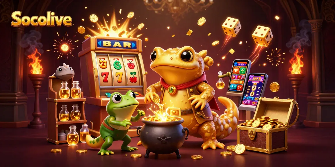 Socolive showcases a vibrant, dynamic online casino atmosphere with colorful slot game elements exploding in gold.